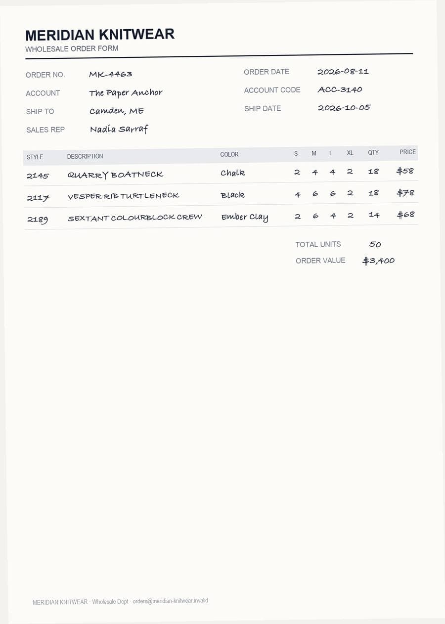 Synthetic wholesale order form MK-4463 for MERIDIAN KNITWEAR, photographed on a phone